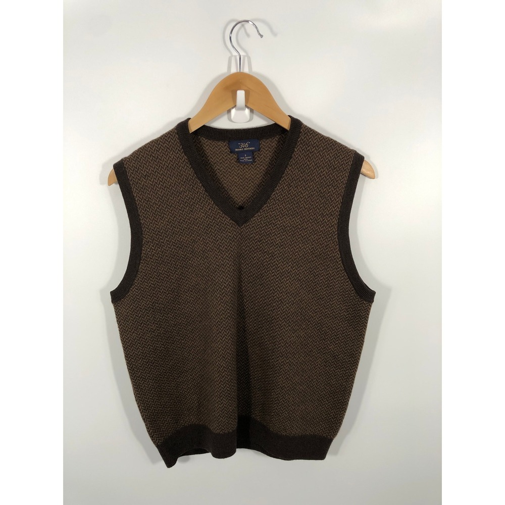 Brooks Brothers Sweater Vest Mens S Brown 100% Merino Wool Herringbone Old Money